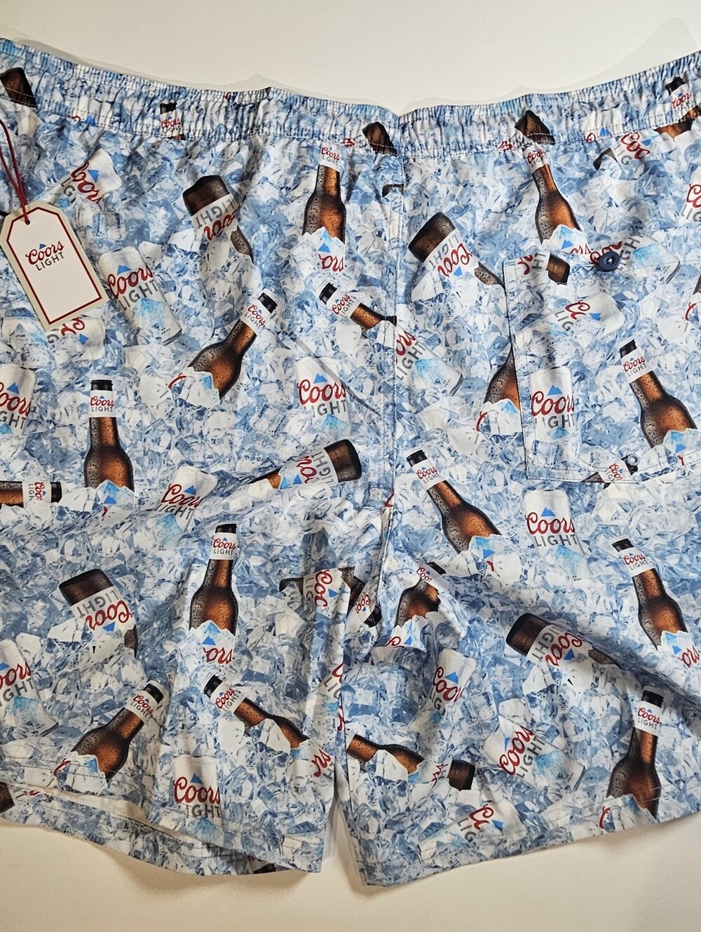 NWT Coors Light Swim Trunks Mens 3XLT Blue White Beer Bottle Print Festival Wear